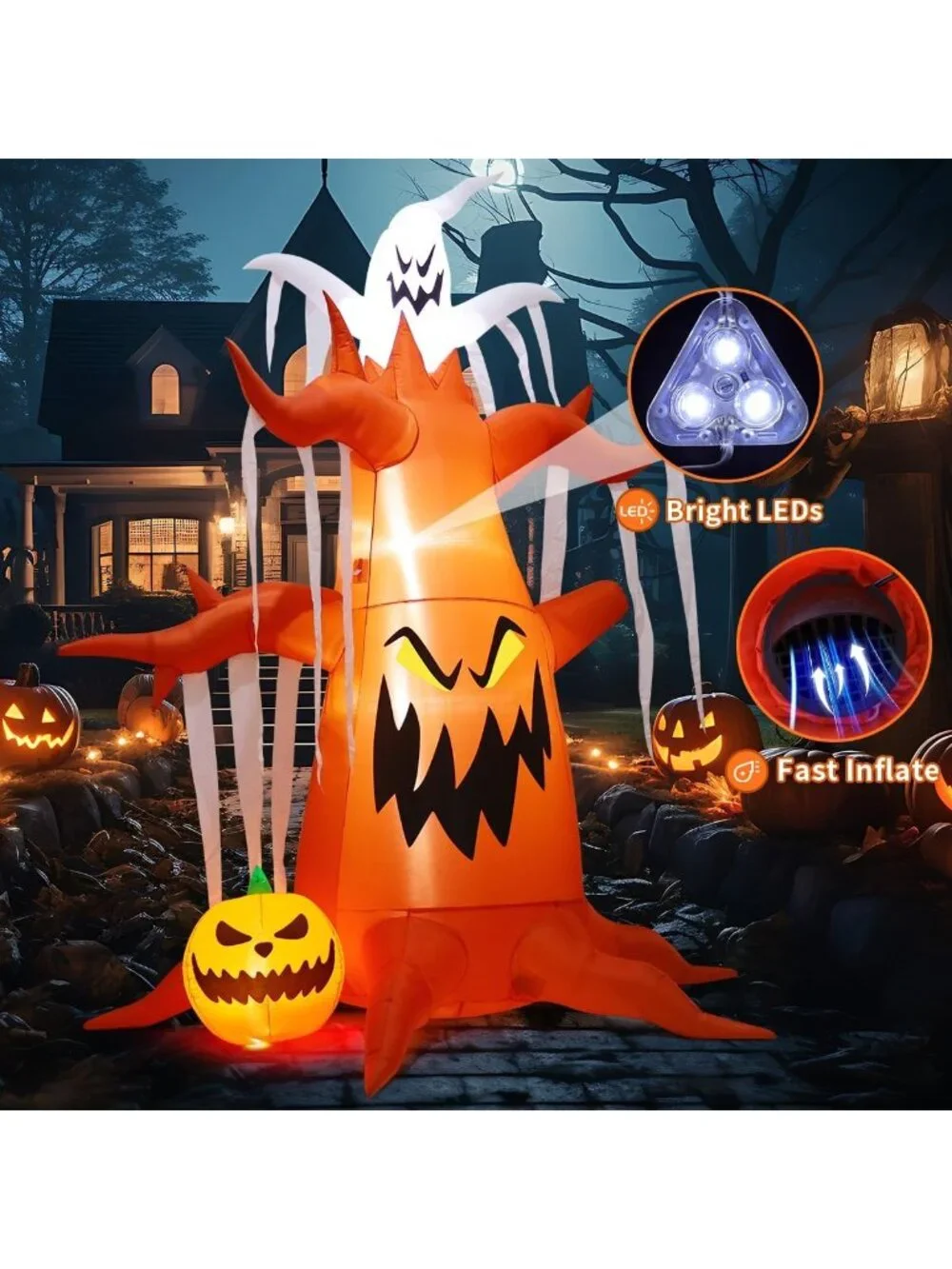 10 FT Halloween Inflatable Scary Tree with Pumpkin & Ghost, LED Yard Decor